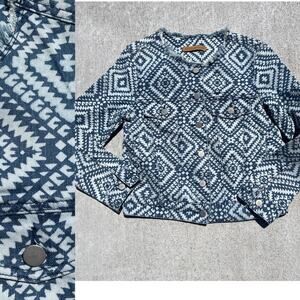Rebecca Minkoff Aztec Bleach Print Denim Jacket Frayed Collar SAMPLE SHOW